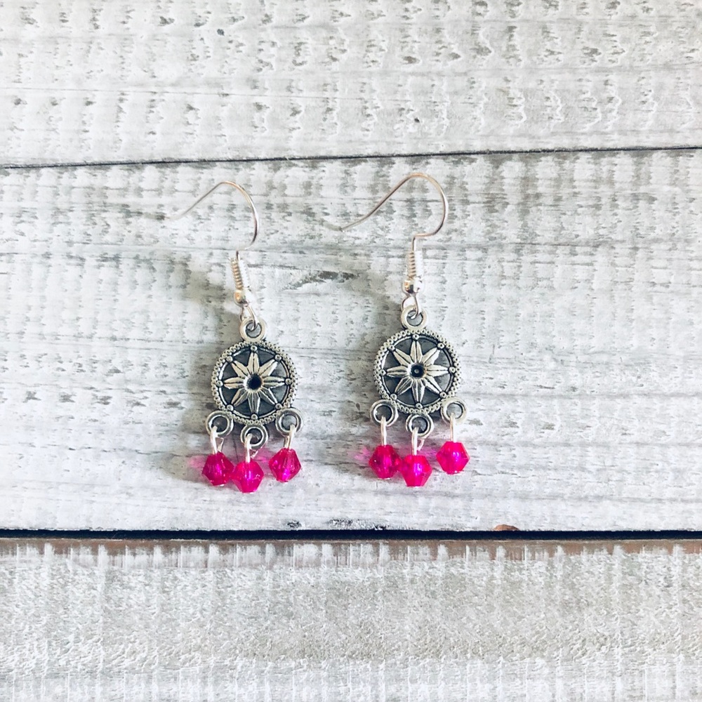 Bohemian Hot Pink Star Silver Earrings NWT